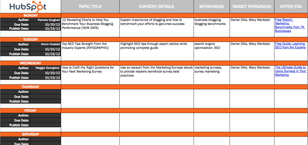 Content Calendar example