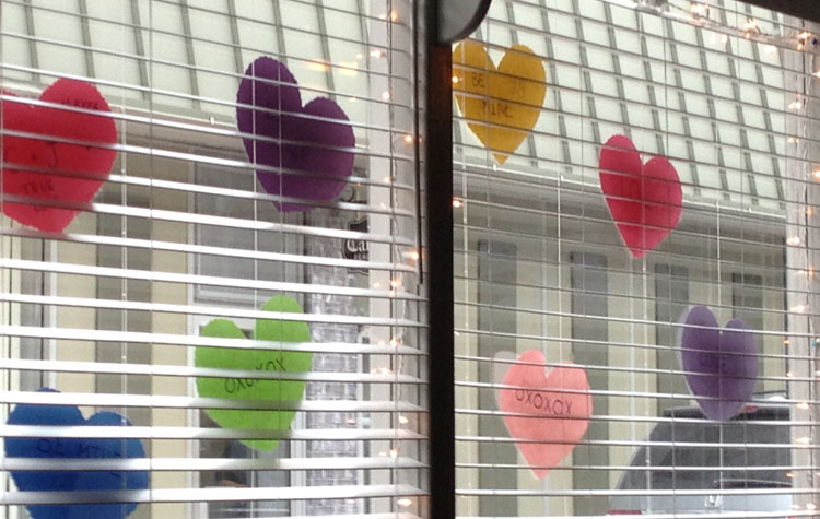 Hearts hanging in NY store window